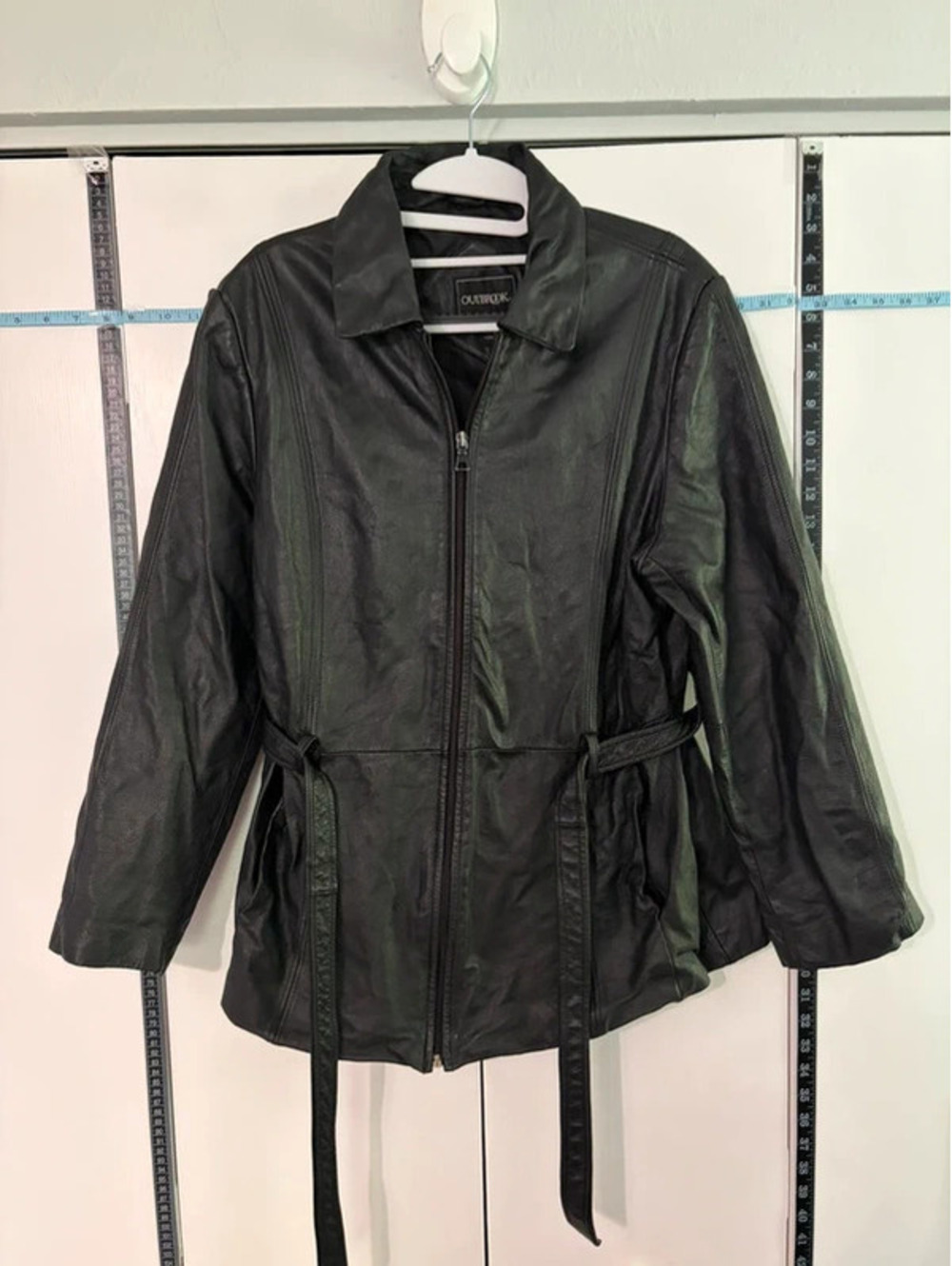 Outbrook Women’s Black Genuine Leather Jacket Size L Belted Zip Front Coat